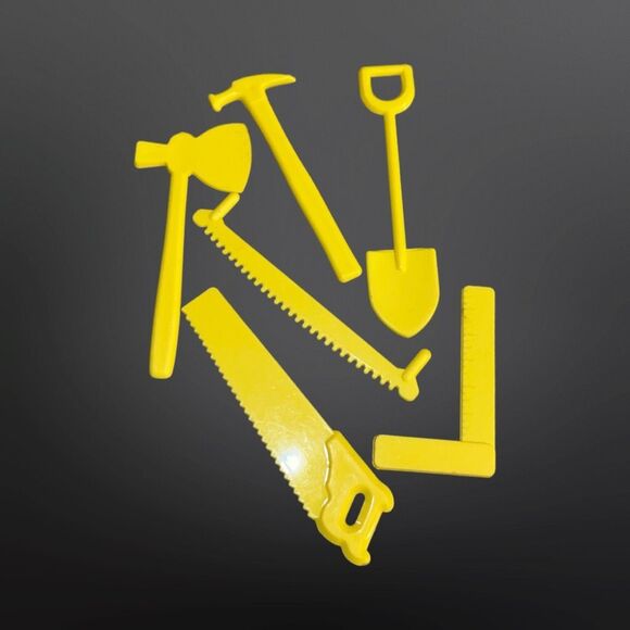 Vintage Yellow Plastic Charm Crafts Tools Cake Topper Hammer Saw Shovel 2” B17 - Picture 3 of 4